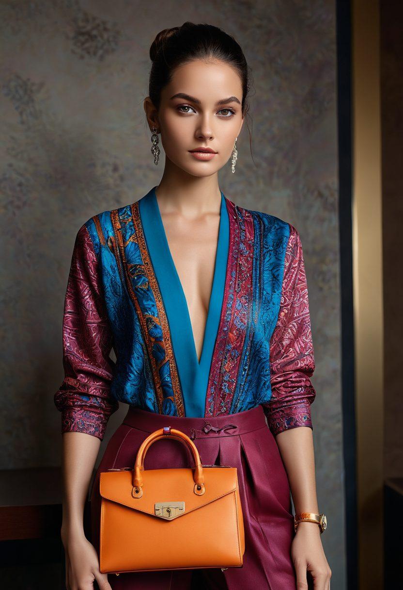 A stylish fashion model wearing a luxurious, elegant outfit that embodies both comfort and sensuality, set against a backdrop of a modern, artistic studio with soft lighting. Include elements like flowing fabrics, textured patterns, and bold colors to symbolize the fusion of design and comfort. Incorporate artistic accessories that enhance the appeal of the fashion while maintaining a chic vibe. super-realistic. vibrant colors. soft focus.